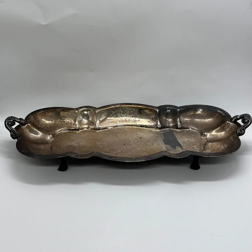 Vintage Silverplate Footed Serving Tray / Dish Unmarked Ornate Antique Style